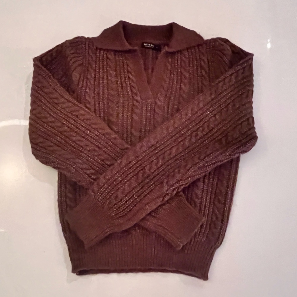 Brown collared cable-knit sweater. Never worn. Size small.